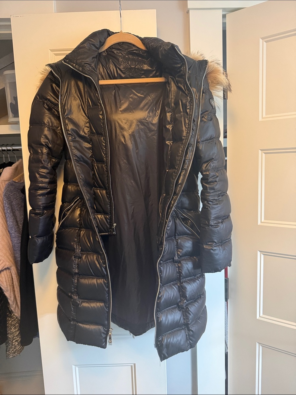 Dawn Levy Black Long Quilted Puffer with Faux Fur Trim Hood